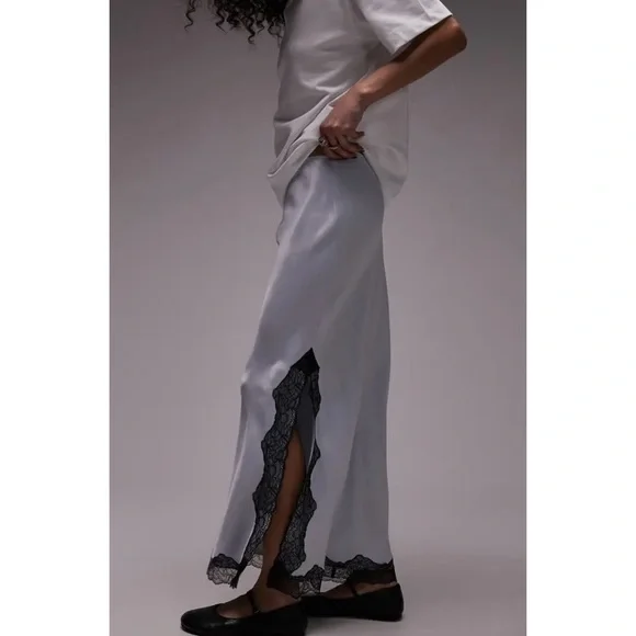 TOPSHOP Lace Trim Satin Maxi Skirt Light Blue Size 8 - Picture 4 of 10